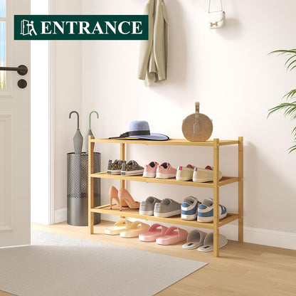 Bamboo Shoe Rack, 3 Tier Shoe Organizer for Entryway & Closet, Stackable Free Standing Storage Shelf for Shoes, Bags & Plants, Natural