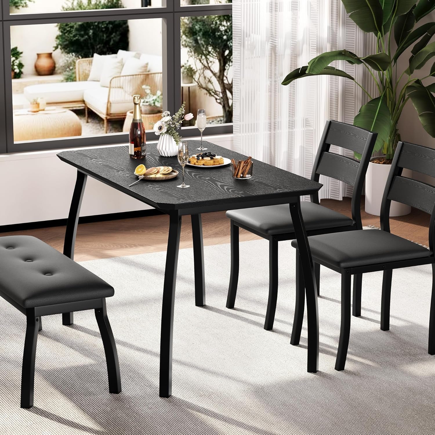 43'' Dining Table Set for 4, Wooden Kitchen Table with Upholstered Bench & 2 Cushion Chairs, Industrial Dinette Set for Studio, Kitchen, Dining Room, Apartment, Black