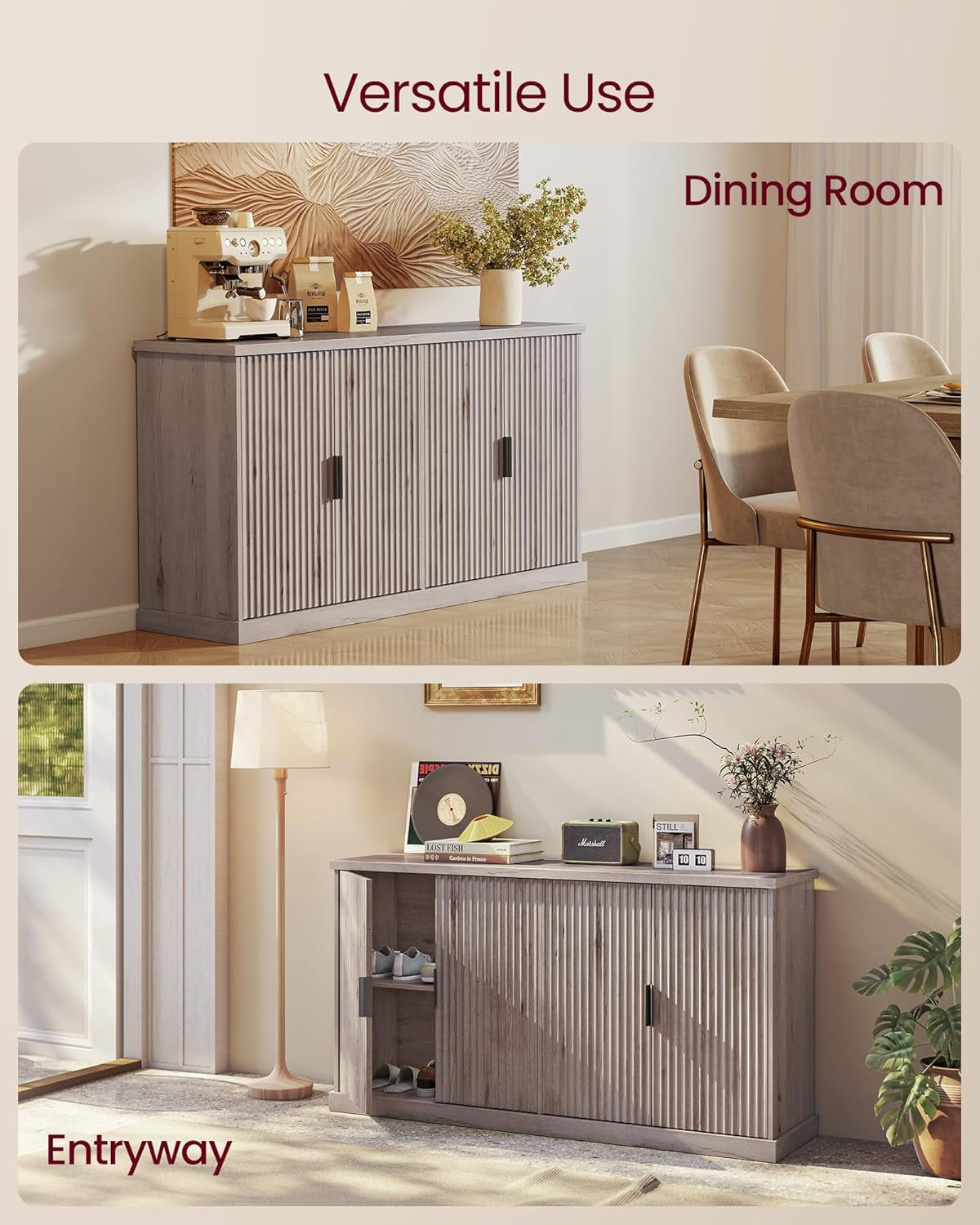 MAXE Collection - Transitional Buffet Cabinet, Console Cabinet, Sideboard with Adjustable Shelves, Fluted Doors, Buffet Table, Kitchen Pantry, Washed Gray UBBK382G01S