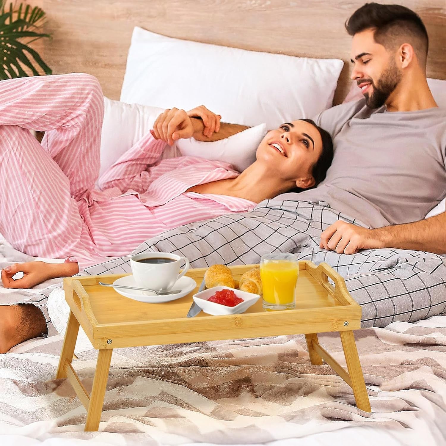 Bamboo Bed Tray Table, Folding Legs and Handles, Breakfast Tray, Laptop Desk for Bed or Sofa, Serving Tray for Eating, Working, Reading,Picnic