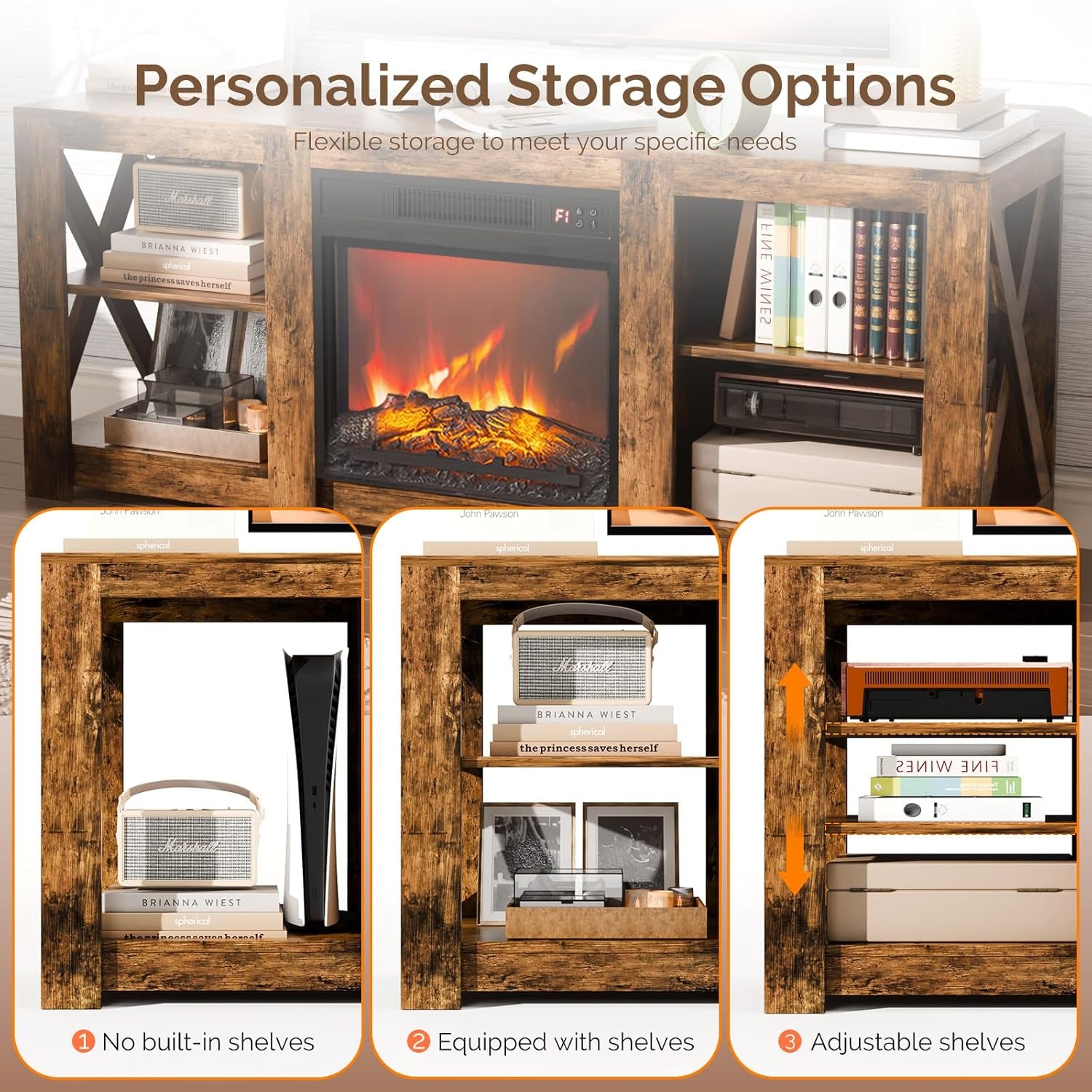 Fireplace TV Stand for up to 70 Inch Tvs, Farmhouse Entertainment Center with Electric Fireplace Heater & Adjustable Shelves, Fireplace Media Console Table for Living Room, Rustic Brown