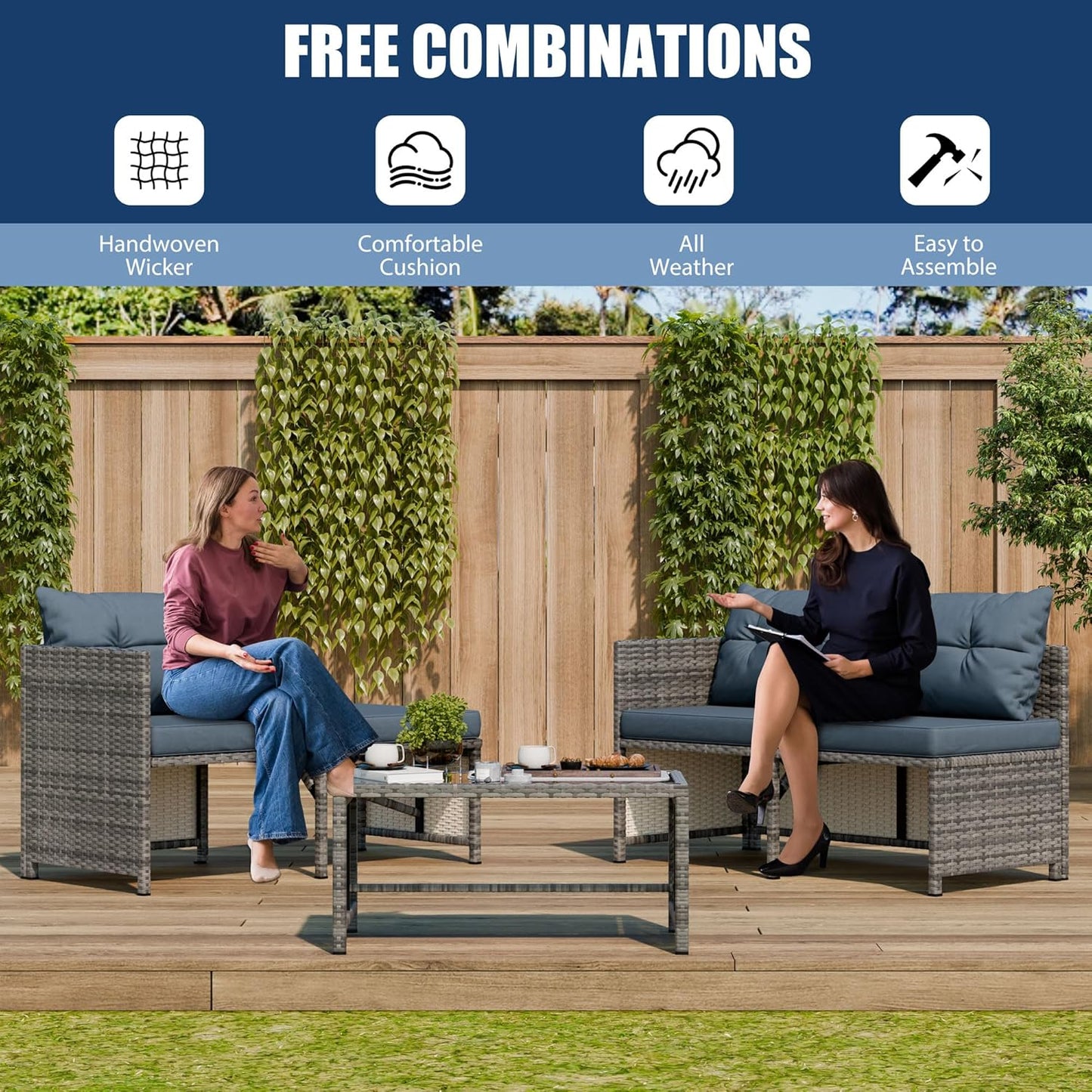 3 Pieces Patio Furniture Sets, All-Weather Wicker Outdoor Sofa Couch Sectional Set, Small Conversation Set for Patio, Garden W/Cushion, Glass Table, (Blue)