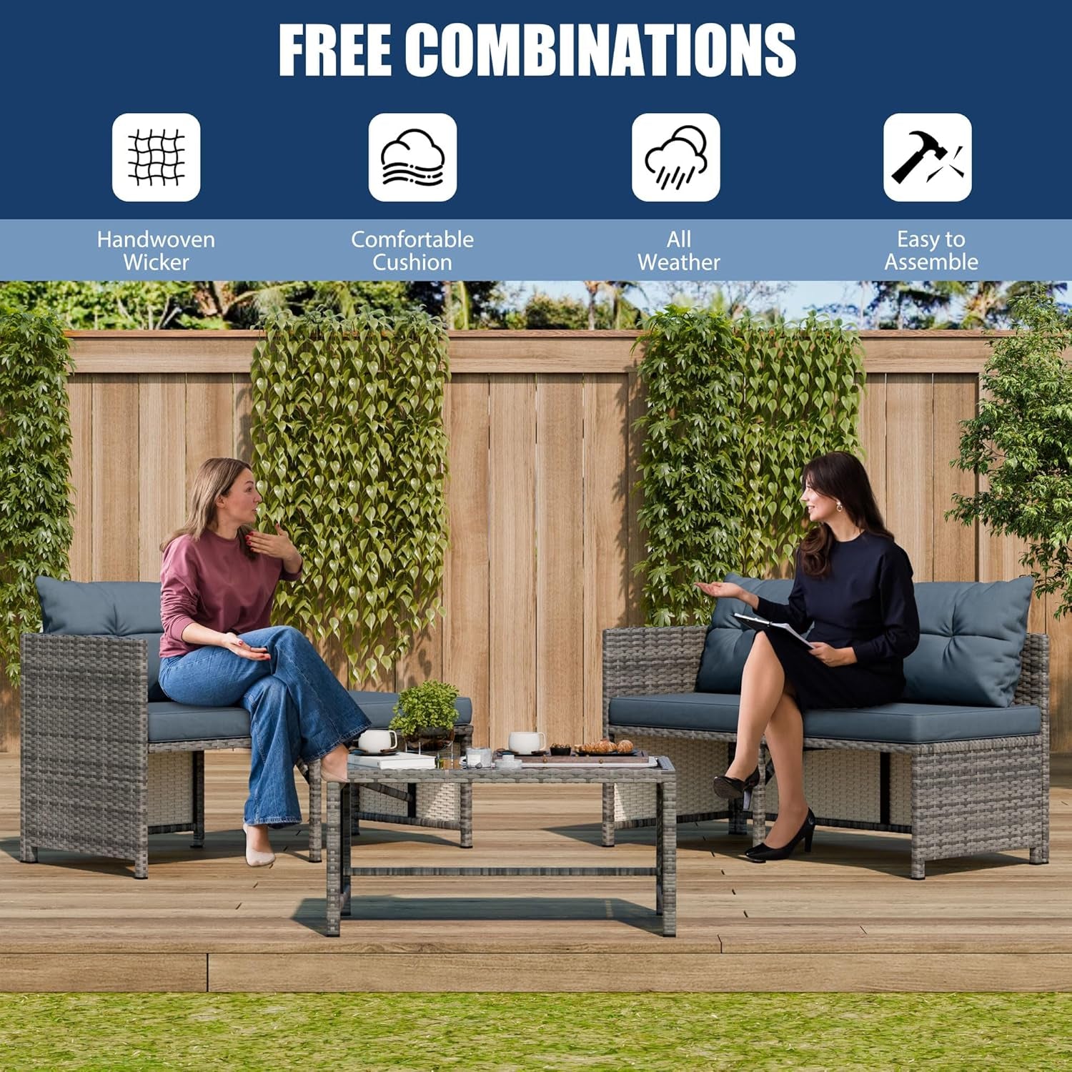 3 Pieces Patio Furniture Sets, All-Weather Wicker Outdoor Sofa Couch Sectional Set, Small Conversation Set for Patio, Garden W/Cushion, Glass Table, (Blue)