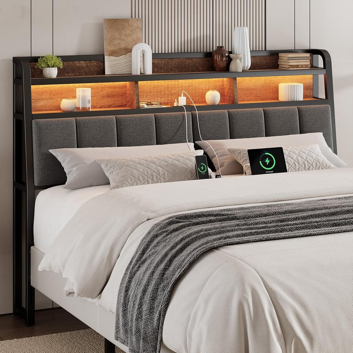 Ergonomic Headboard for Queen Size Bed with 2-Tier Storage, Upholstered Headboards with Outlets, USB Ports, LED Light, Queen Head Board Only, Height Adjustable, Sturdy and Stable, Black & Brown
