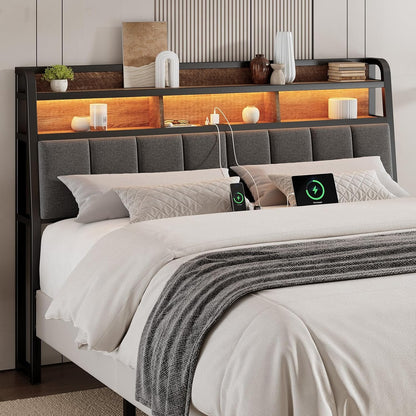 Black and brown upholstered queen headboard with storage, outlets and LED light, view 2