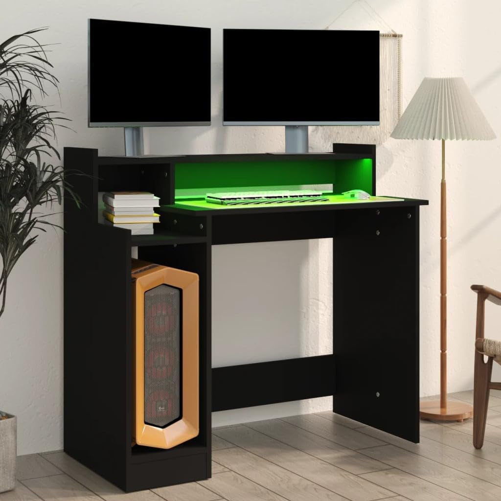 Modern Black Computer Desk, 38.2" L X 17.7" W X 35.4" H, Engineered Wood Gaming Table with Integrated LED Lights, Floating Storage Shelf, Ideal for Home Office Study, USB Plug Included