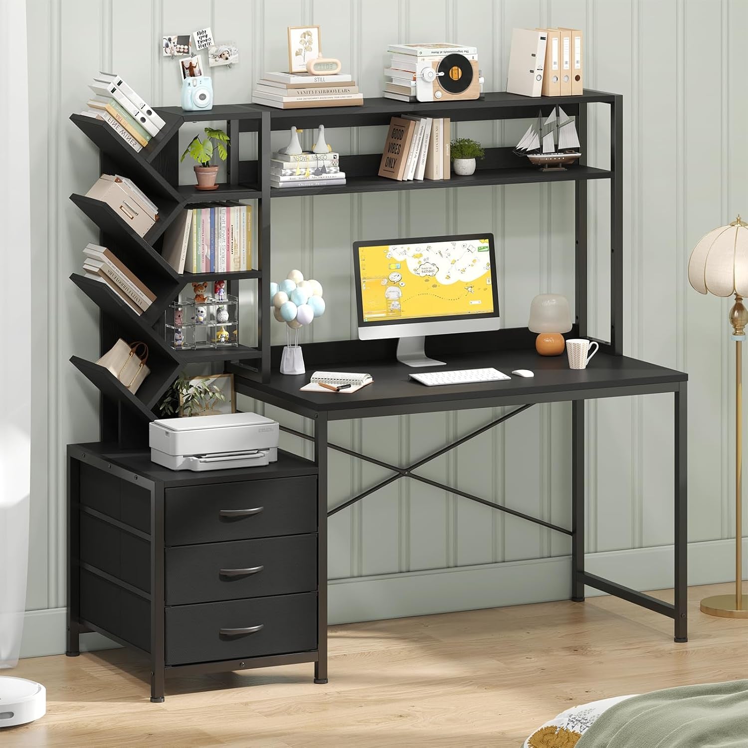 Reversible Computer Desk with Hutch, Home Office Desk with Drawers and Bookshelf, 52'' Study Writing Desk with Storage Shelves for Bedroom Home Office, Black