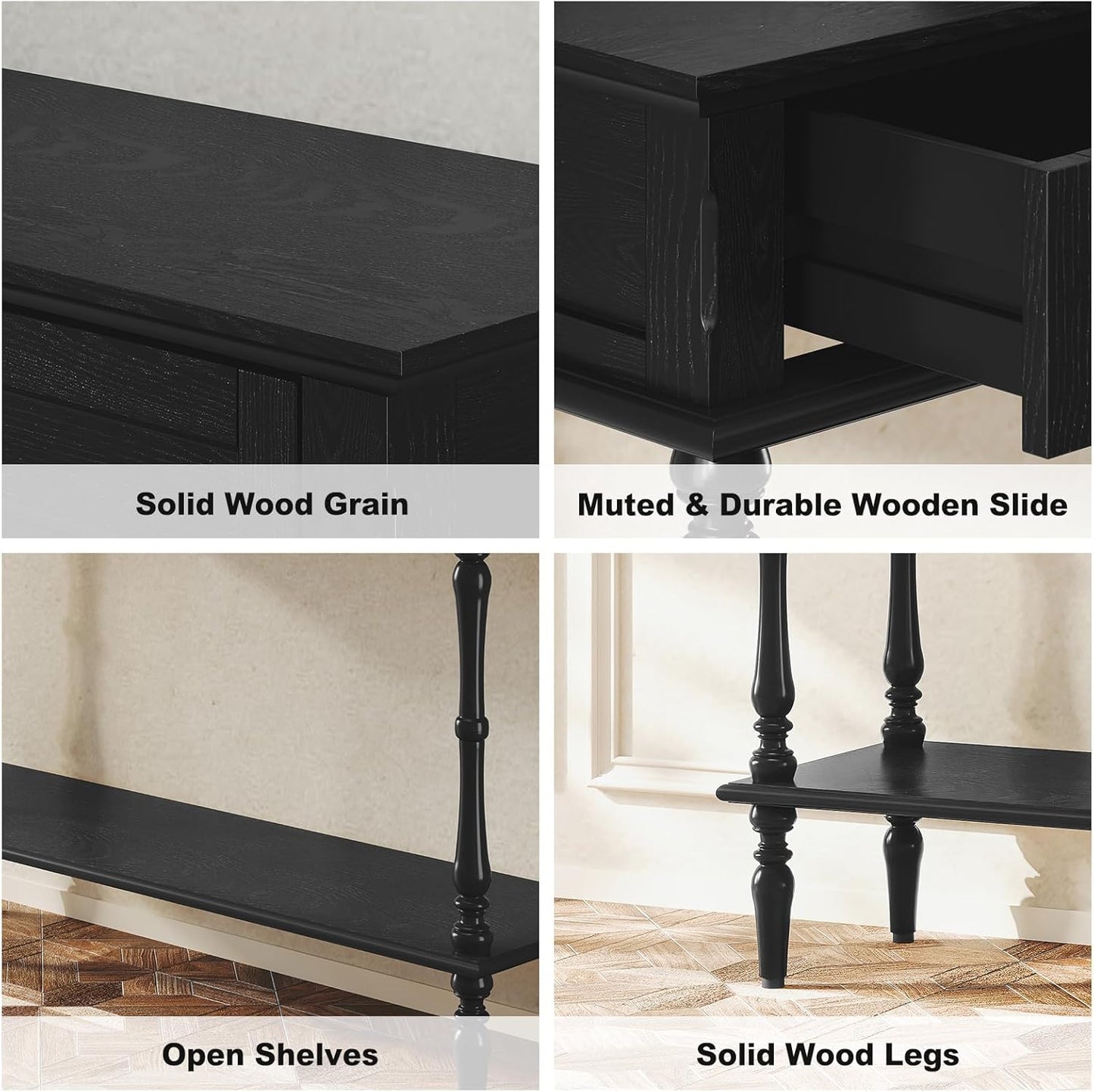 Console Table for Entryway with 2 Drawers-Minimal Assembly,Black Retro Entryway Table with Storage Cabinets and Open Shelf,Narrow Long Couch Table behind Sofa for Living Room,Foyer,Hallway