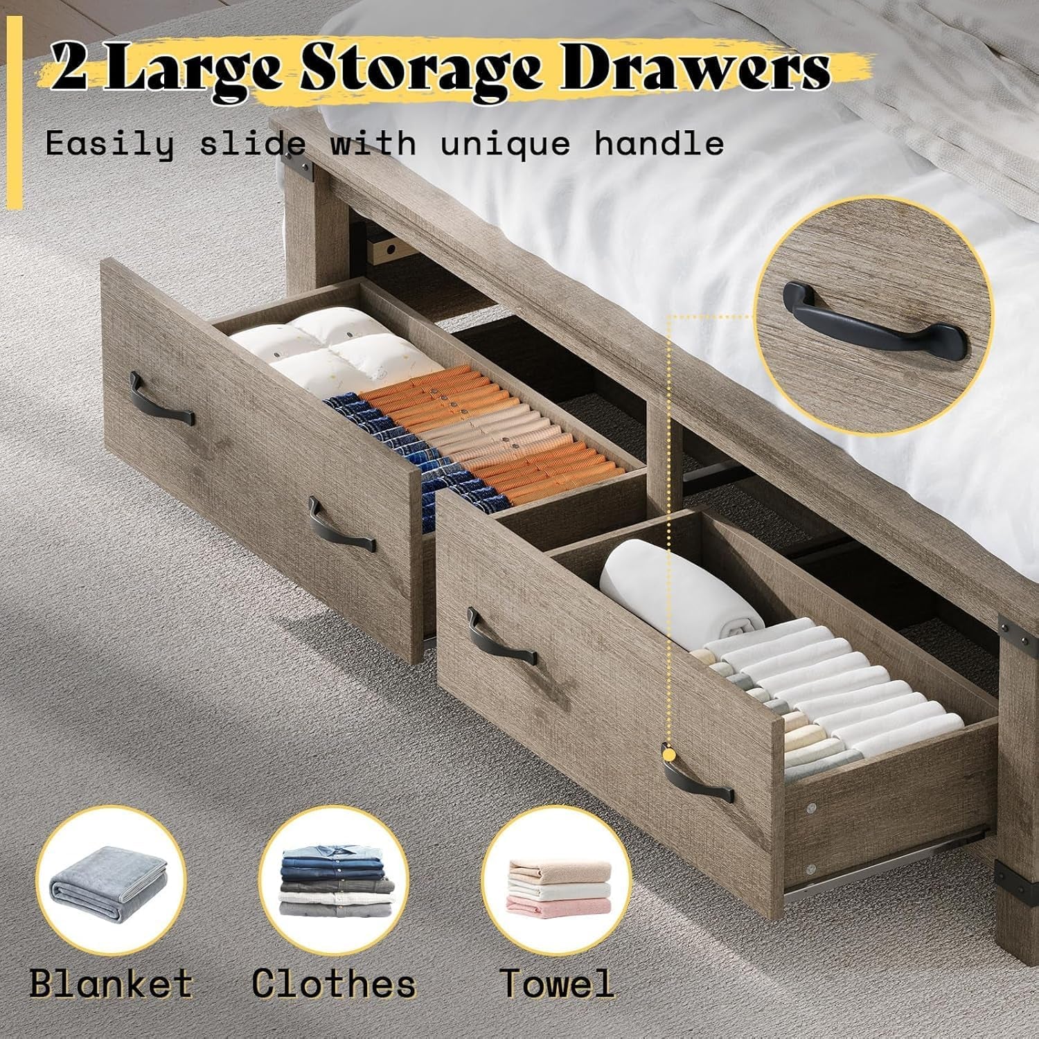 Farmhouse Queen Bed Frame with 54" Tall Geometric Headboard & Footboard, Rustic Wood Platform Bed Frame with Large Storage Drawers, Wood Slats Support, No Box Spring Needed, Rustic Gray