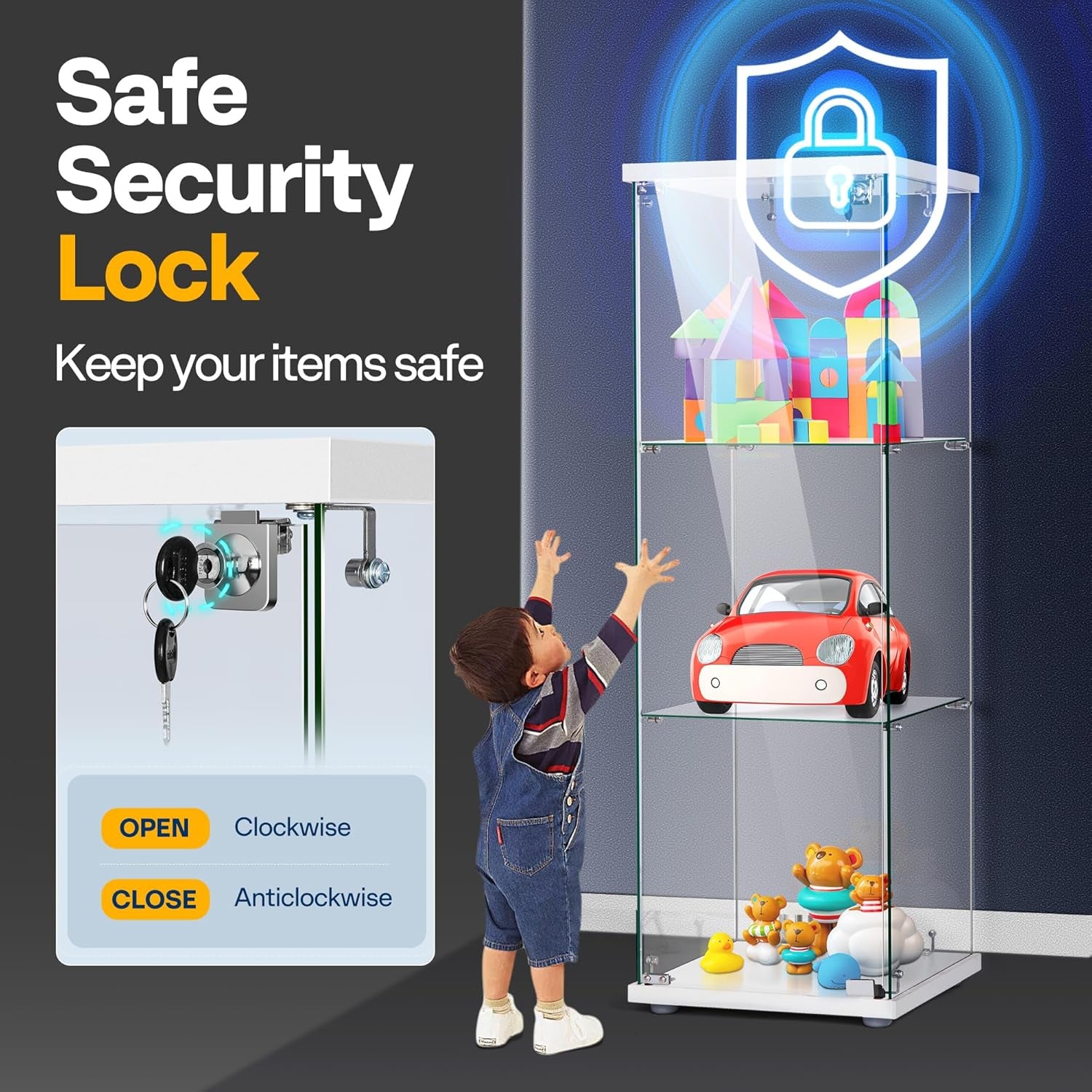 3 Layers 15.7''W X 15.7''D X 47.2''H Glass Display Cabinet Countertop Showcase with Lock, 5Mm Tempered Glass 25Mm MDF Base