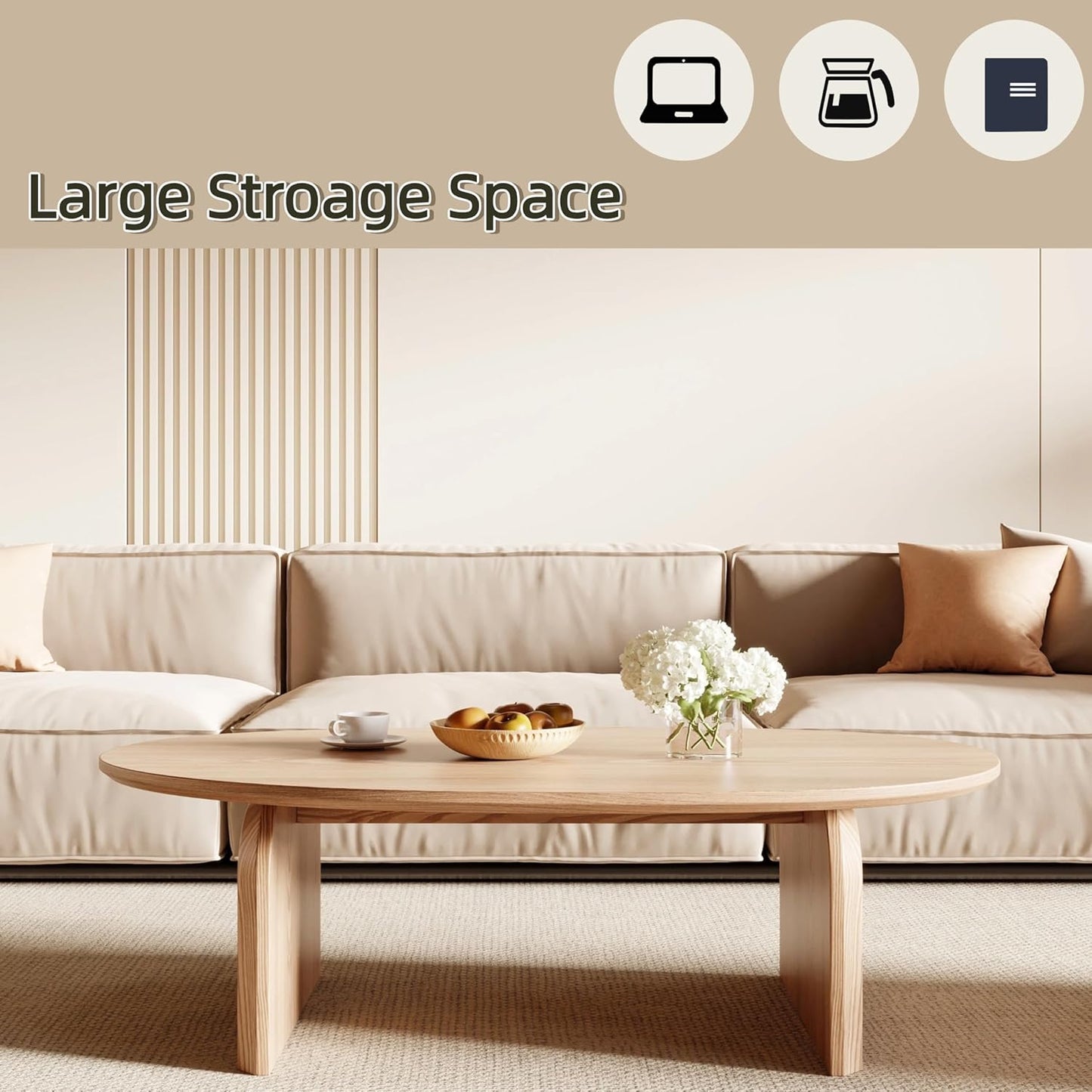 Modern Oval Coffee Table, Small Coffee Tables for Living Room - Oak Wood Top with Solid Legs, Wooden Center Table Easy Assembly for Living Room &Bedroom,Office, Natural