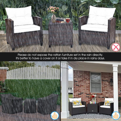 3 Pieces Patio Furniture Set, PE Rattan Wicker 3 Pcs Outdoor Sofa Set W/Washable Cushion and Tempered Glass Tabletop, Conversation Furniture for Garden Poolside Balcony (Beige)
