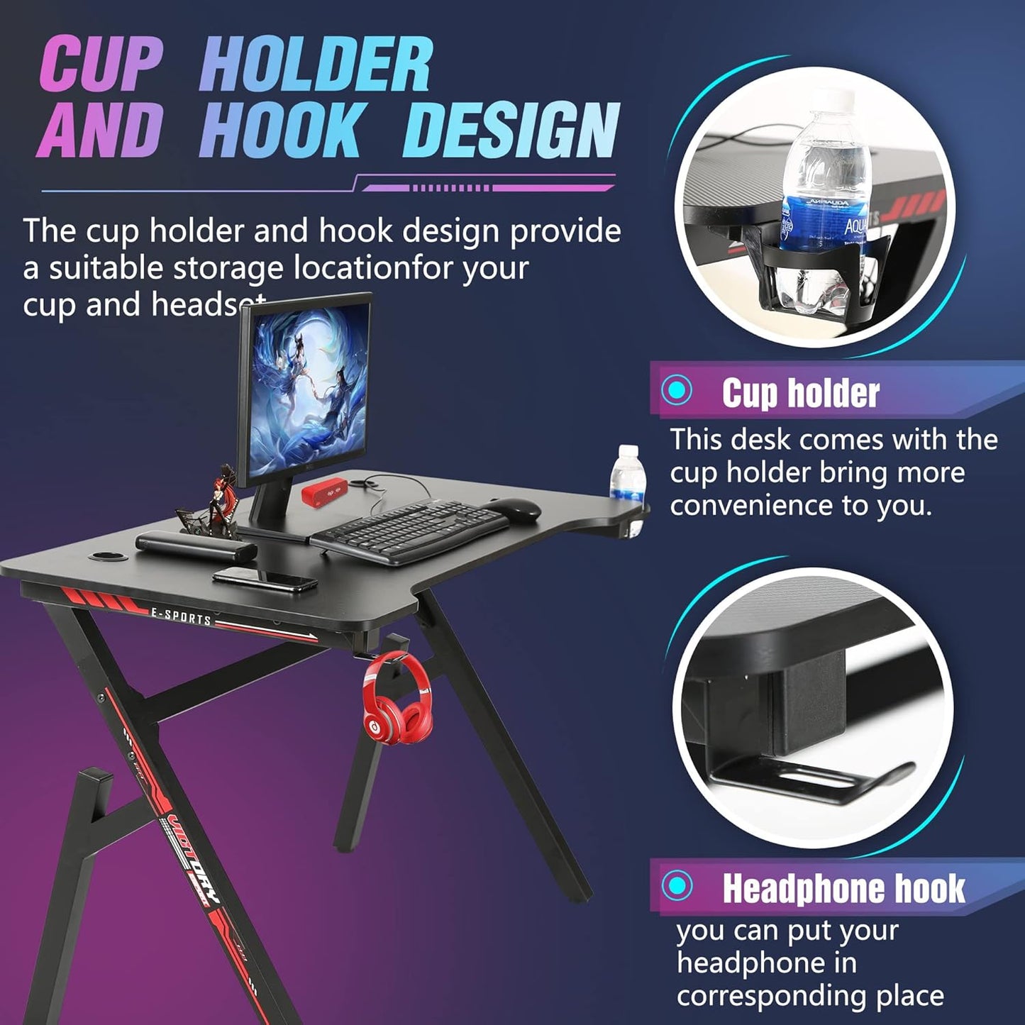 Gaming Desk 47 Inch, Ergonomic Gamer Computer Desk with Mouse Pad, K Shaped PC Gaming Tables with Cup Holder Headphone Hook,Red