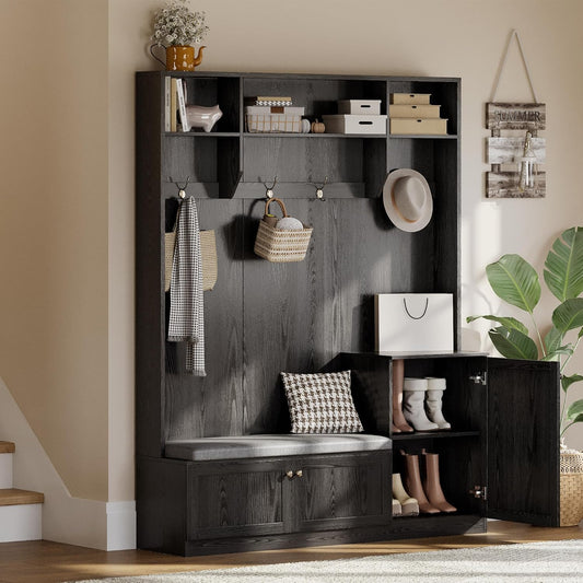 79 in Hall Tree, 5-In-1 Modern Entryway Bench with Coat Rack & Storage, Hall Tree with 4 Hanging Hooks, 3 Open Compartments & Adjustable Shelf, Coat Rack Freestanding for Entryway, Living Room, Black