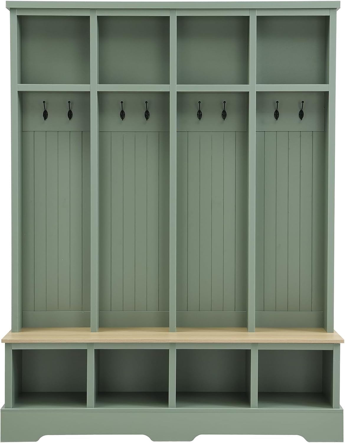 Farmhouse Hall Tree with 8 Hooks,Entryway Cabinet W/Bench,Multi-Functional Coat Rack W/4 Storage Unit and 4 Shoe Cabinet,Entryway Cabinets for Hallway,Living Room,Mudroom,Green