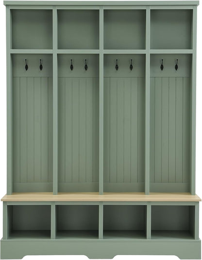 Farmhouse Hall Tree with 8 Hooks,Entryway Cabinet W/Bench,Multi-Functional Coat Rack W/4 Storage Unit and 4 Shoe Cabinet,Entryway Cabinets for Hallway,Living Room,Mudroom,Green