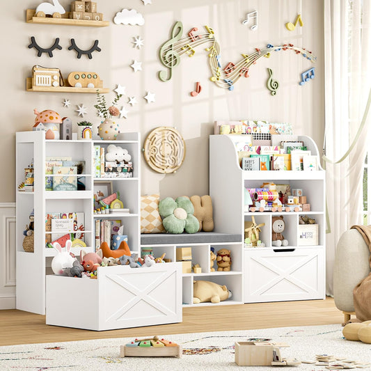 75” W Kids Bookshelf with Reading Nook, Large Toy Storage Toy Organizer with Seat Cushion and 2 Movable Drawers, Kids Reading Nook Kid Bench for Playroom Living Room, White