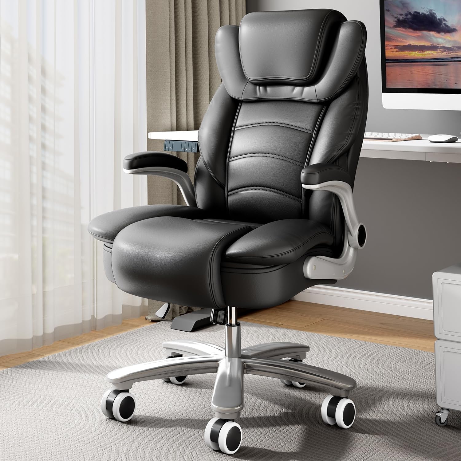 Big and Tall Office Chair 400Lb Wide Seat, Ergonomic High Back Leather Executive Desk Chair with Flip-Up Arms, Black