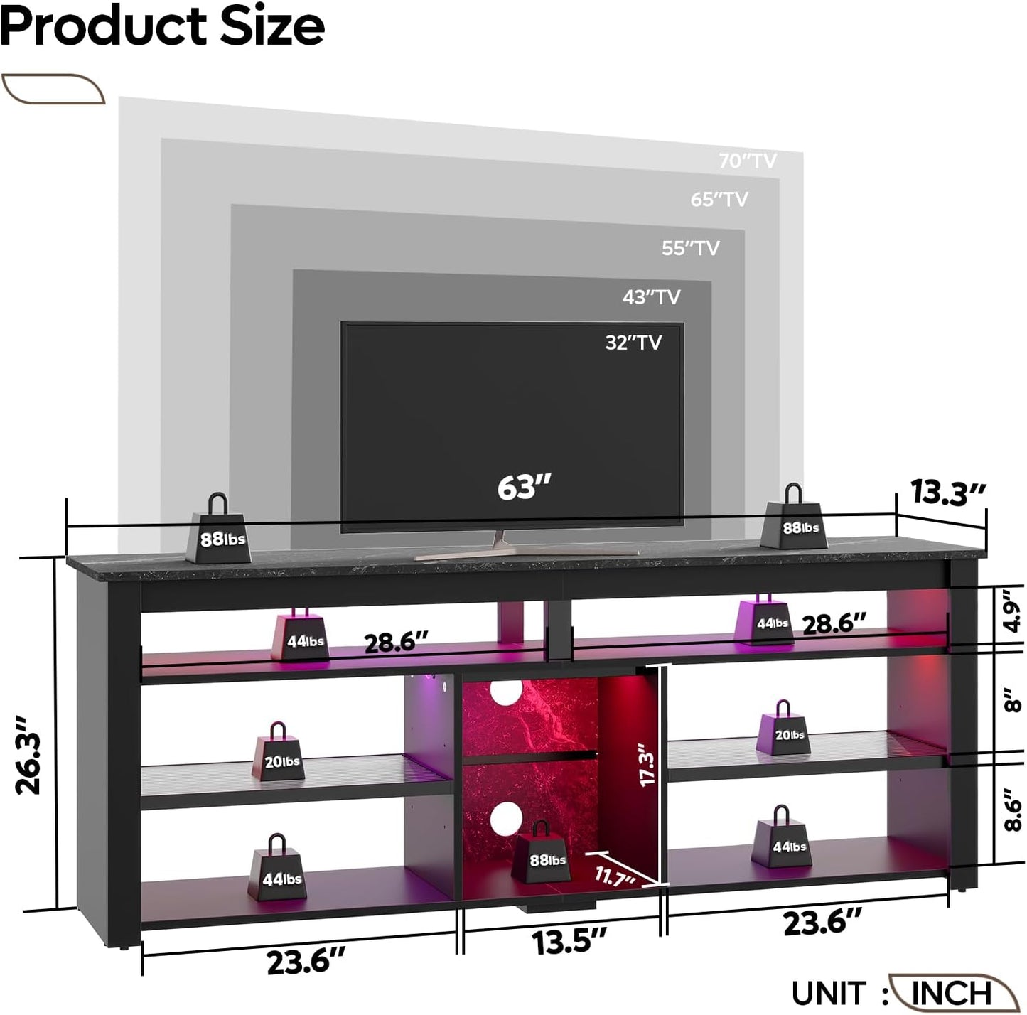 TV Stand for 70 Inch TV, Tall Entertainment Center with 2 Led Lights, Gaming TV Console with Storage for PS5, Modern TV Cabinet for Bedroom, Living Room, Black Marble