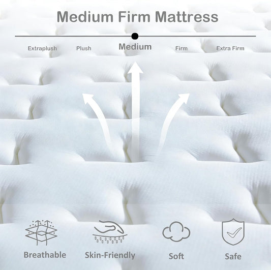 King Size Mattress, 14 Inch Medium Firm Hybrid King Bed Mattress, Memory Foam Mattresses in a Box for Pressure Relief, Individual Pocket Spring-Motion Isolation with Edge Support, Certipur-Us