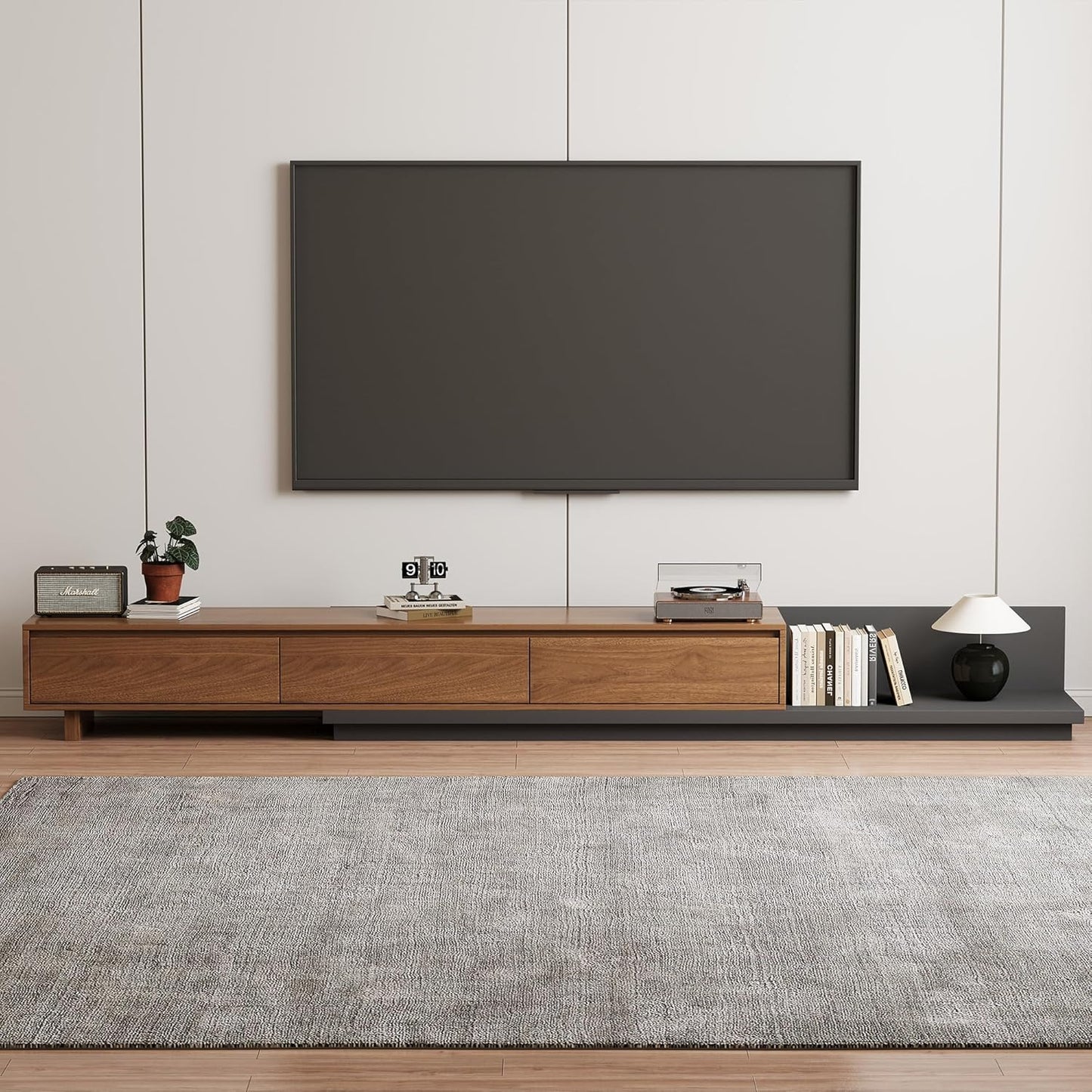 Adjustable TV Stand with 3 Drawers - Mid-Century Modern Extendable Entertainment Center for Living Room or Bedroom(78.7–130"), Stylish Walnut Media Console