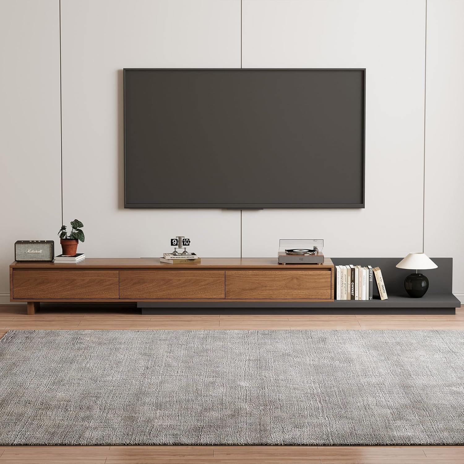 Adjustable TV Stand with 3 Drawers - Mid-Century Modern Extendable Entertainment Center for Living Room or Bedroom(78.7–130"), Stylish Walnut Media Console