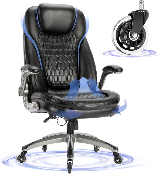 Executive Office Chair-Ergonomic Computer Desk Chair, High Back Leather Chair with Padded Flip-Up Arms, Swivel Home Office Chair Upgraded Caster-Black