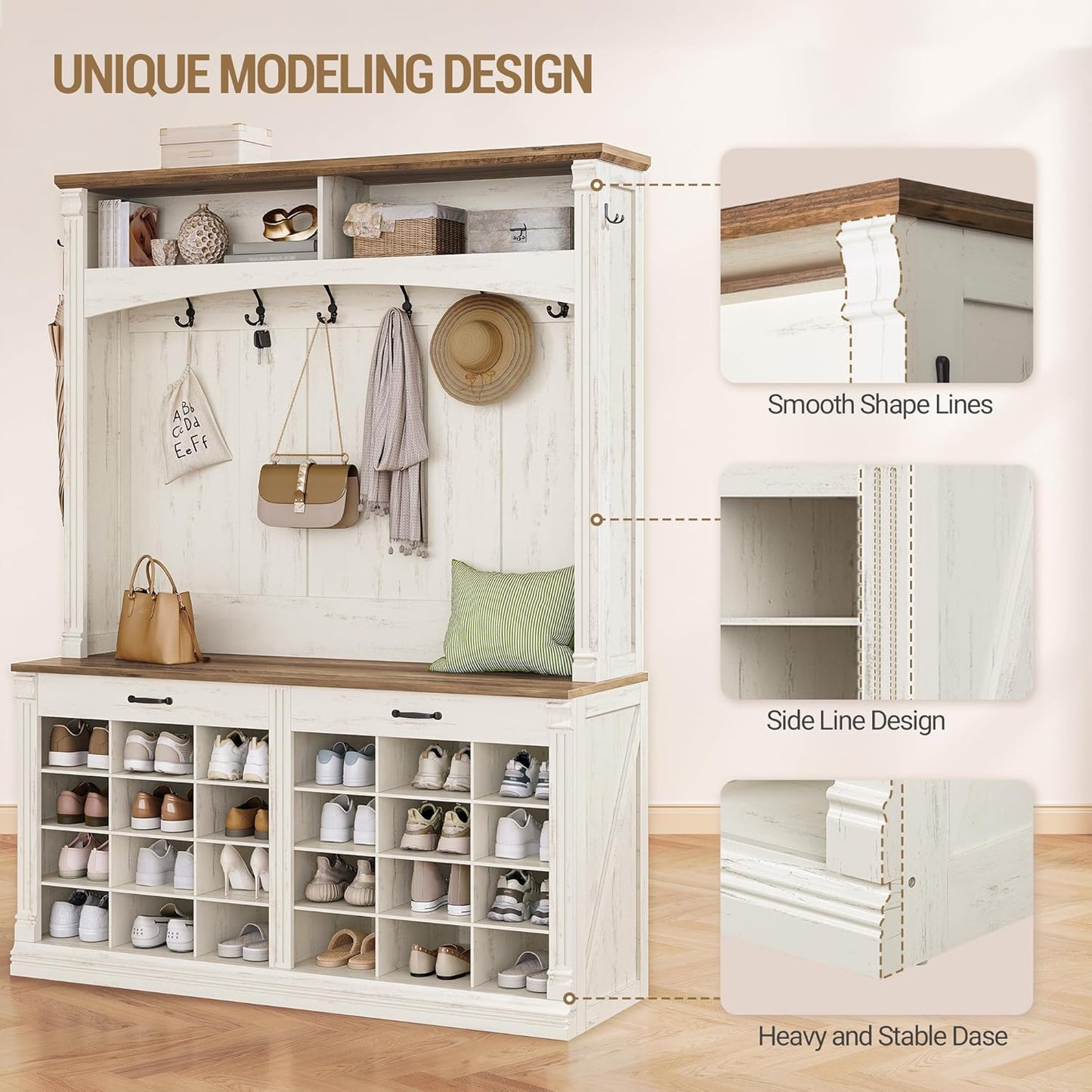 59" Farmhouse Hall Tree with Bench and Shoe Storage, LED Entryway Furniture with 8 Hooks, 24 Shoe Cubbies Hall Tree with Storage, Entryway Storages and Coat Rack Wood, Rustic White