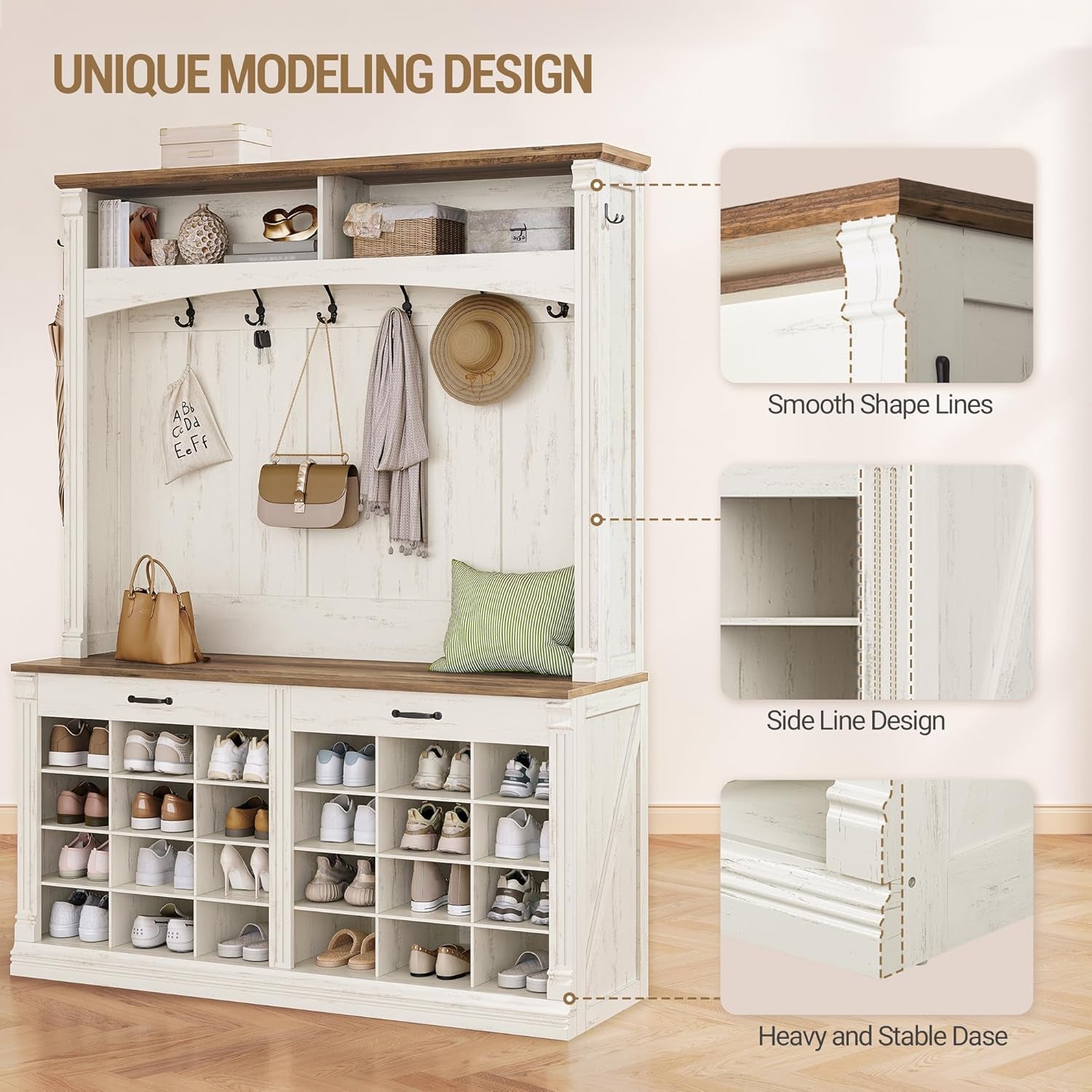 59" Farmhouse Hall Tree with Bench and Shoe Storage, LED Entryway Furniture with 8 Hooks, 24 Shoe Cubbies Hall Tree with Storage, Entryway Storages and Coat Rack Wood, Rustic White
