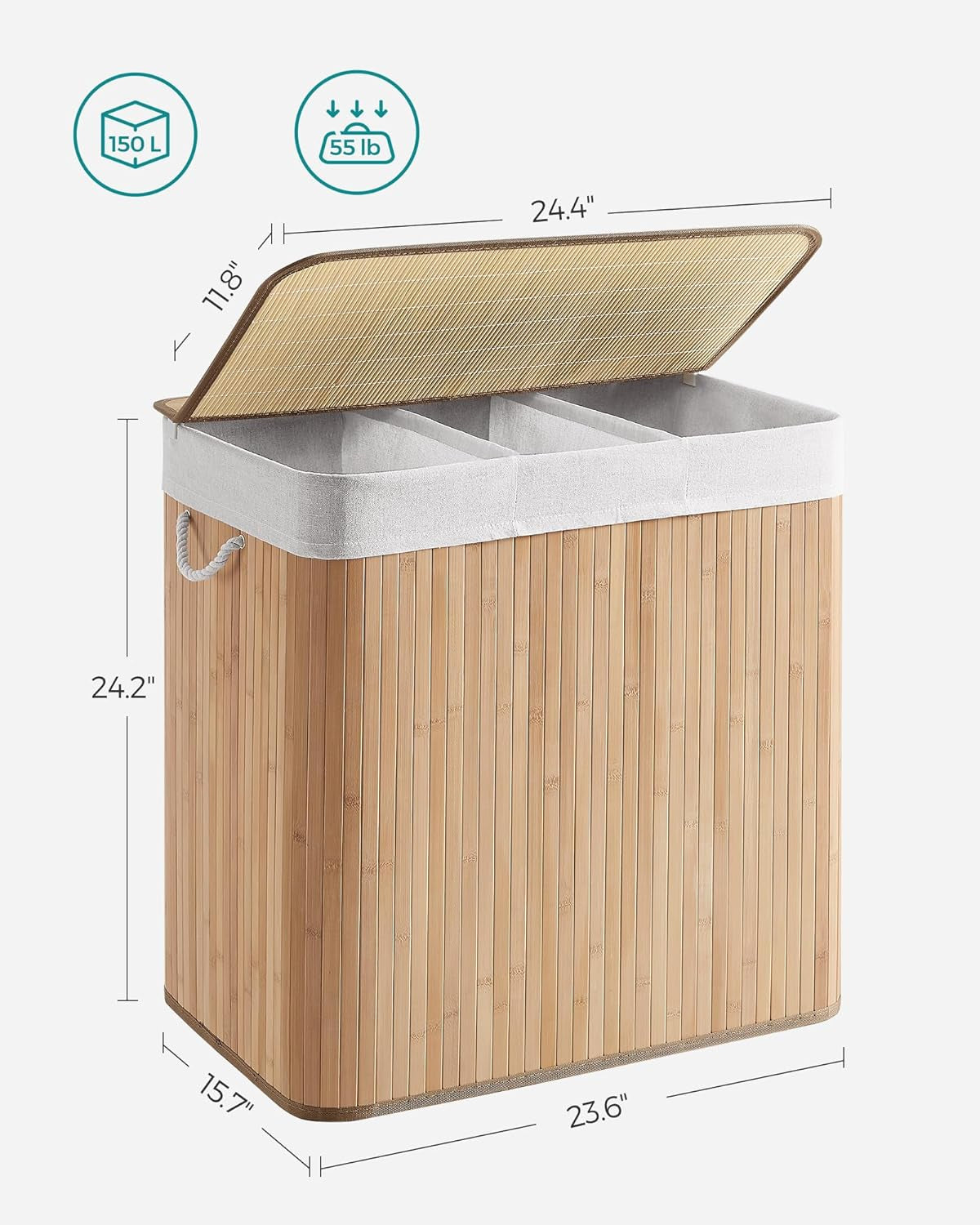 Laundry Hamper, 39.6 Gallons (150L), 3-Section Laundry Basket, Laundry Hamper with Lid, Bamboo, Foldable, Removable and Machine Washable Liner, for Laundry Room, Bedroom, Natural ULCB091N01