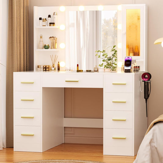 Vanity Desk with Mirror and Lights, 43" Large Makeup Dressing Table with 9 Drawers & 3 Shelves, RGB LED Lighting & Power Outlet, White and Gold