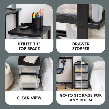 3-Drawer Plastic Storage Dresser, 2-Pack, Standing Organizer Storage Container Bin with Drawers for Clothes Crafts Classroom Bedroom Dorm, Black/Clear