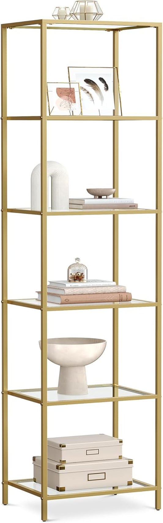 Bookcase, 6-Tier Bookshelf, Slim Shelving Unit for Bedroom, Bathroom, Home Office, Tempered Glass, Steel Frame, Metallic Gold ULGT500A01