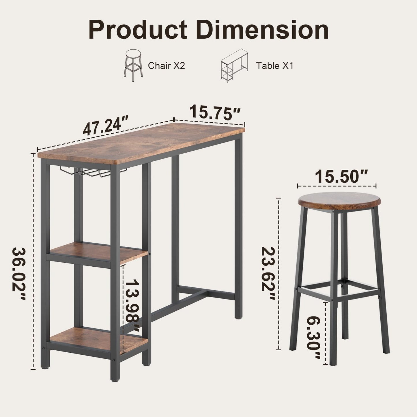 3-Piece Bar Table Set for 2, Bar Height Table with Stools & 2 Storage Shelves, Small Bar Table Set with Glass Rack, Small Kitchen Table for Dining Room, Living Room, Rustic Brown