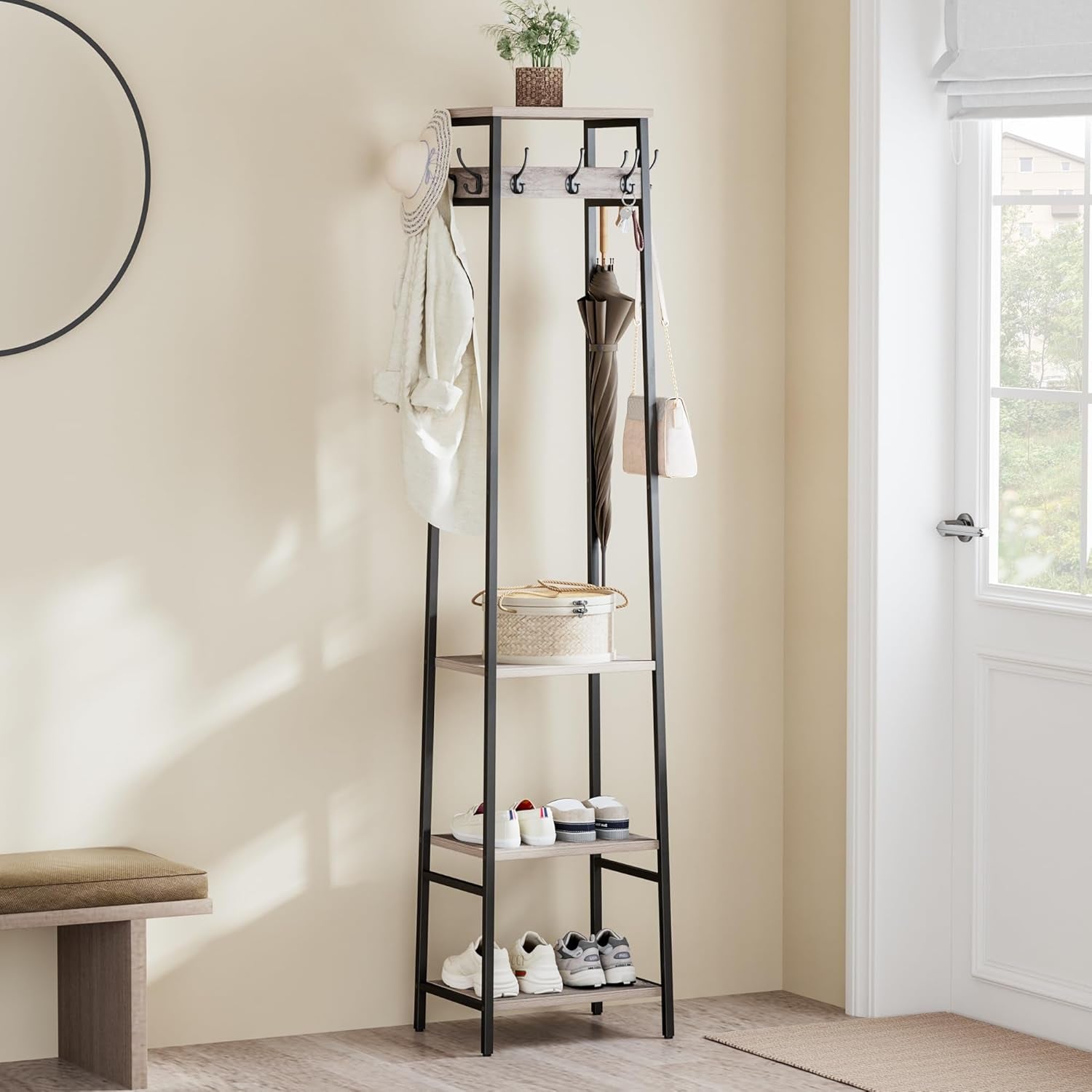 Coat Rack Freestanding, Coat Stand with 3 Shelves and 7 Hooks, Hall Tree Free Standing, Clothes Rack Stand Organizer, Industrial Style, Greige and Black