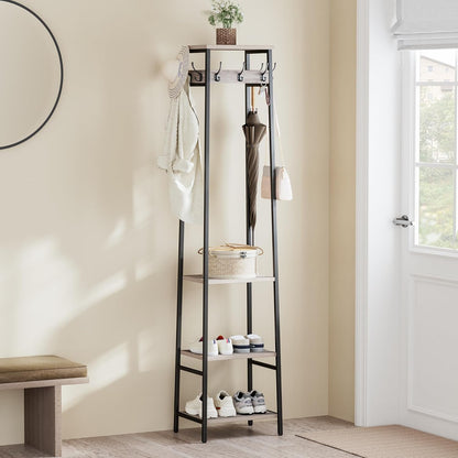 Coat Rack Freestanding, Coat Stand with 3 Shelves and 7 Hooks, Hall Tree Free Standing, Clothes Rack Stand Organizer, Industrial Style, Greige and Black