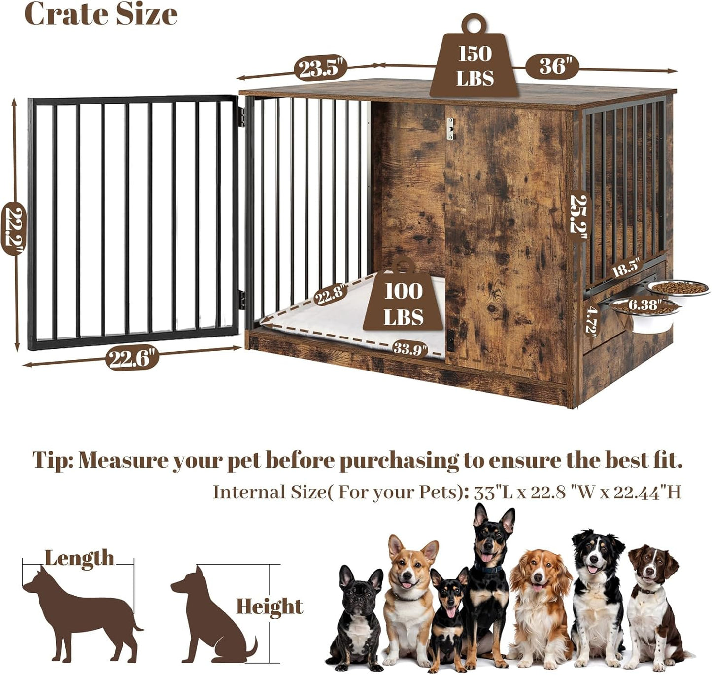 Dog Crate Furniture with Cushion for Large Dogs, 36" Indoor Wooden Dog Kennel with 270° Swivel Door, 360° Rotating Feeder, Decorative Heavy Duty Dog House with Double Locks & Bowls, Rustic Brown