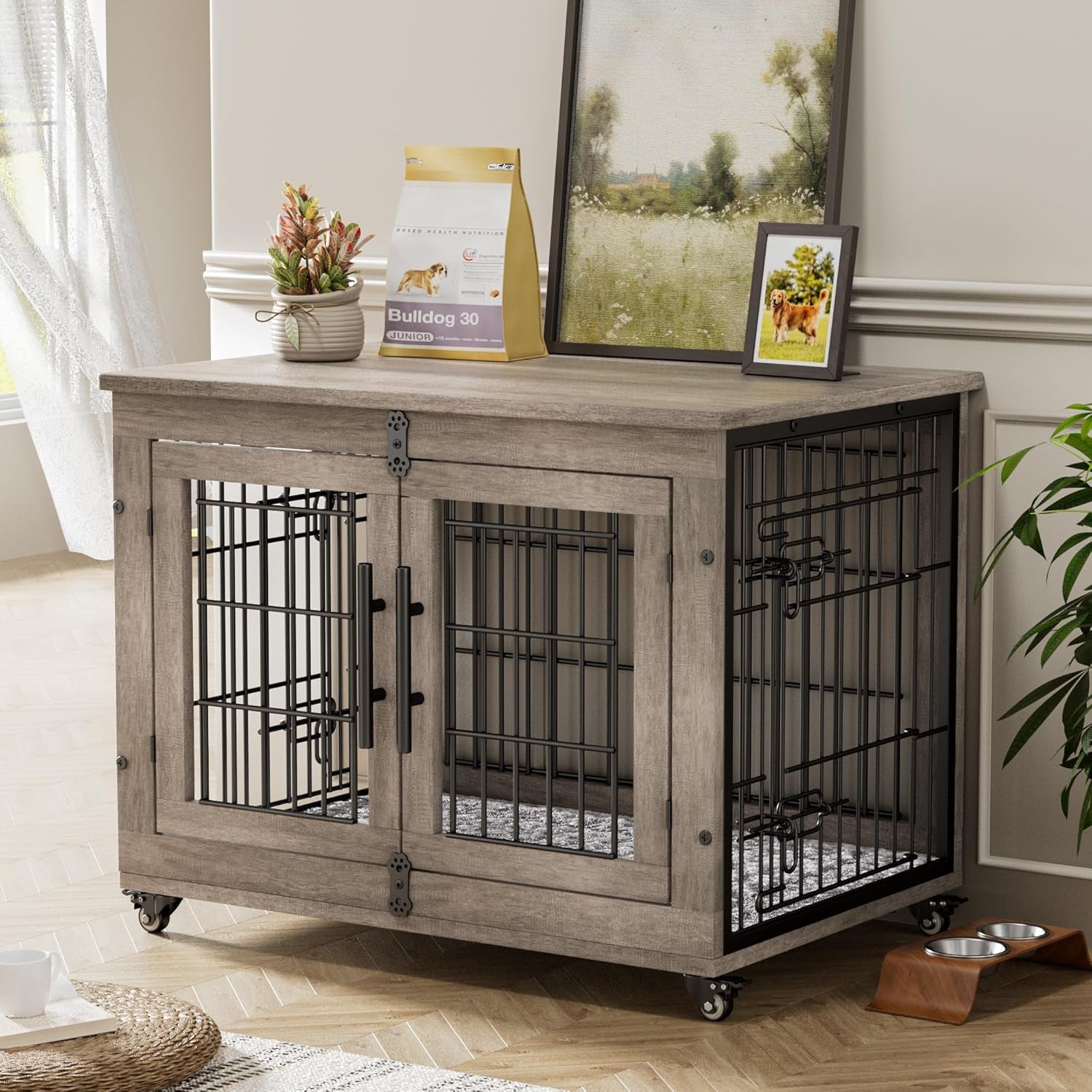 Large Dog Crate Furniture, 38'' Wooden Dog Crate End Table, Double Door Dog Kennel Indoor with Cushion & Wheels, Decorative Dog Cage House Chew-Resistant for Large/Medium, Grey