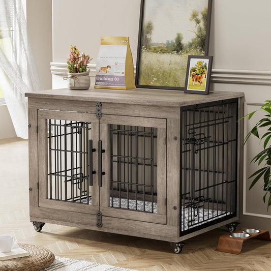 Dog Crate Furniture, Dog Kennel Indoor Double Doors Wooden Dog Cage, 38'' Heavy Duty Dog Crate with Cushion & Wheels, Decorative End Table Pet House Chew-Resistant for Large/Medium, Brown
