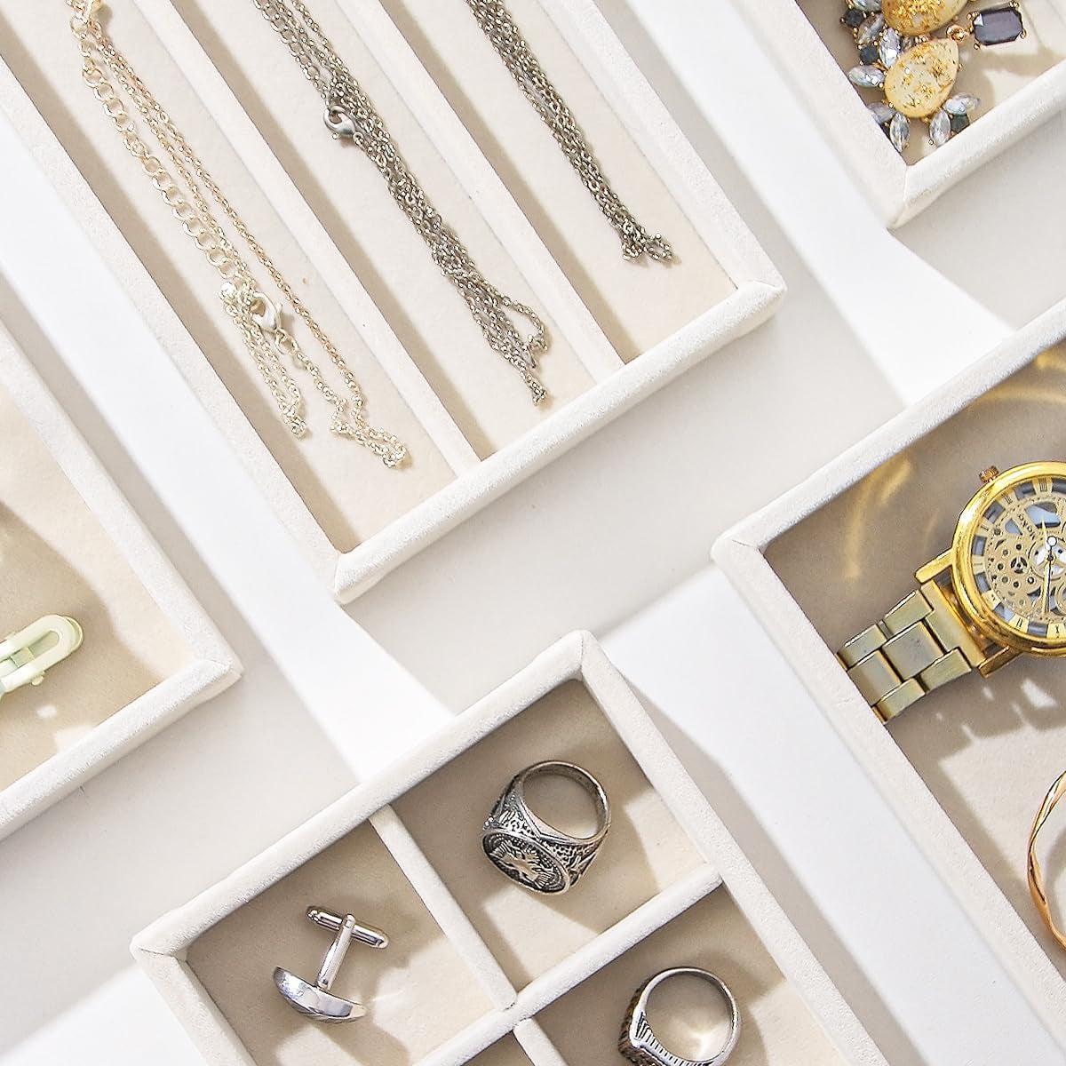 2Pcs Desk Drawer Storage Tray, Nightstand Organizer, Jewelry Display for Necklace, Bracelet, Ring, Earring, Grid Table Organizer Holder for Sunglass, Phone, Watch, Perfume (1 Grid)/Beige