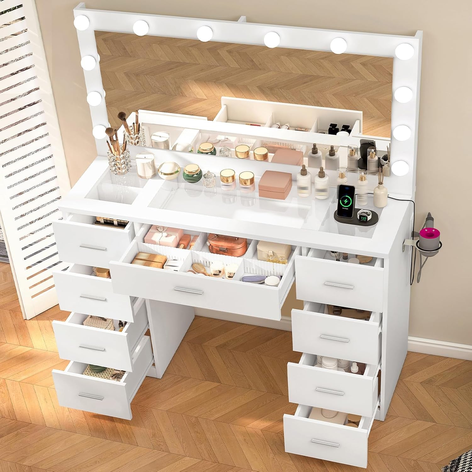 Vanity Desk with Glass Top & Large Lights Mirror, 3 Adjustable Lighting Color, 44" Makeup Vanity Desk with 9 Drawers and 12 LED Lights, Vanity Table, Dressing Table for Bedroom(White)