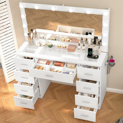 Vanity Desk with Glass Top & Large Lights Mirror, 3 Adjustable Lighting Color, 44" Makeup Vanity Desk with 9 Drawers and 12 LED Lights, Vanity Table, Dressing Table for Bedroom(White)