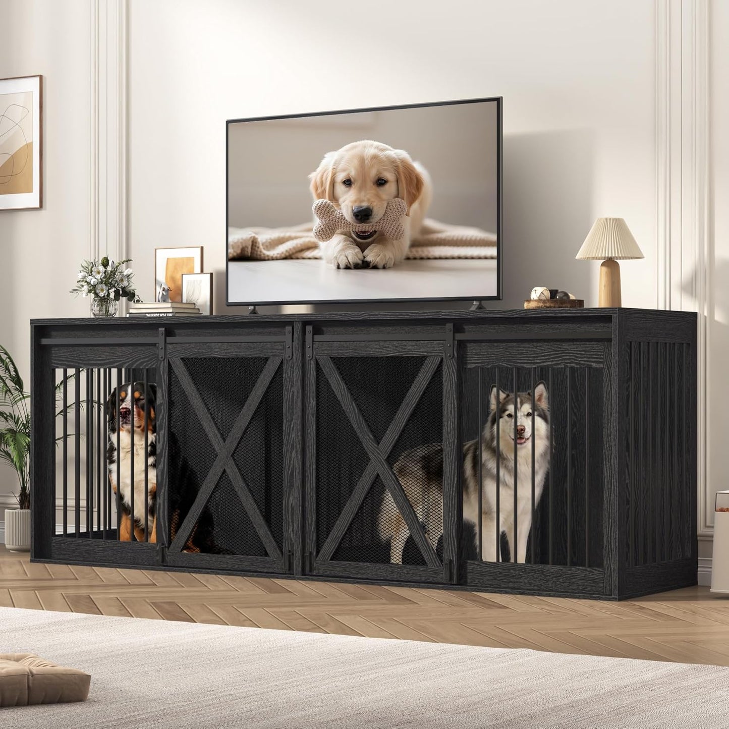 94 Inch Double Dog Crate Furniture for 2 Large Dogs, Dog Kennel TV Stand Large Breed, Farmhouse Dog Cage Furniture with Center Divider, XXXL Dual Dog Crate Entertainment Center, Black