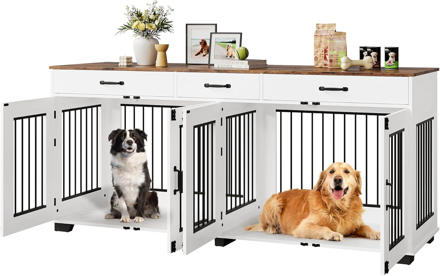 71 in Large Dog Crate for 2 Dogs, Dog Crate Furniture with 3 Drawers, Heavy Duty Dog Cage and TV Stand for Medium Large Dogs, White