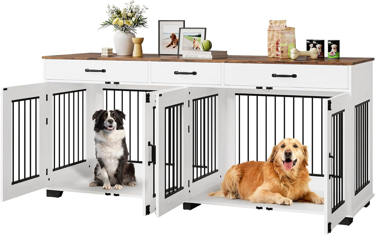 71 in Large Dog Crate Furniture for 2 Dogs with 3 Drawers, Heavy Duty Double Indoor Dog Kennel and TV Stand for Medium Large Dogs, Walnut