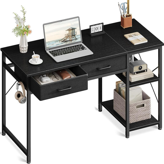 Small Computer Desk with Drawers, 40 Inch Reversible Home Office Desk with Storage Shelves, Study Laptop Vanity Table with Headphone Hooks for Bedroom Small Space, Black