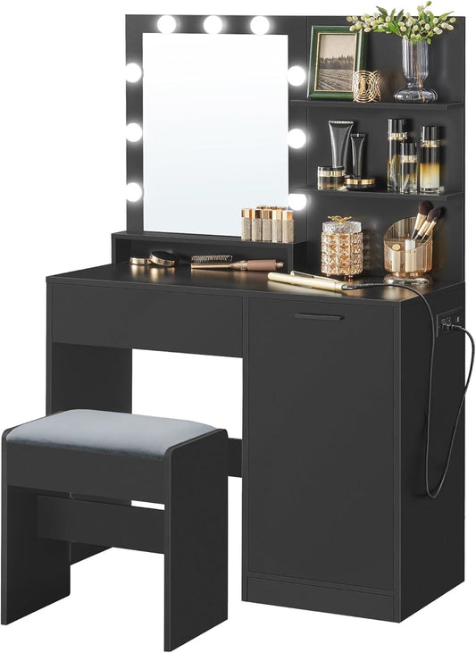 Vanity Desk with Mirror and Lights, 35.4-Inch Wide Makeup Vanity with Upholstered Vanity Stool, Power Outlets, Dimmable LED Lights, Storage Drawer, for Bedroom, Ink Black URDT128B01