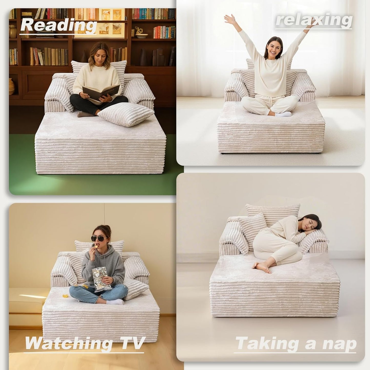 Oversized Chaise Lounge Chair Indoor, Upholstered Single 61'' Rolled Arm Boneless Cloud Sofa Bed Sleeper Couch, No Assembly Faux Rabbit Fur Memory Foam Reading Chair for Living Room Bedroom Beige