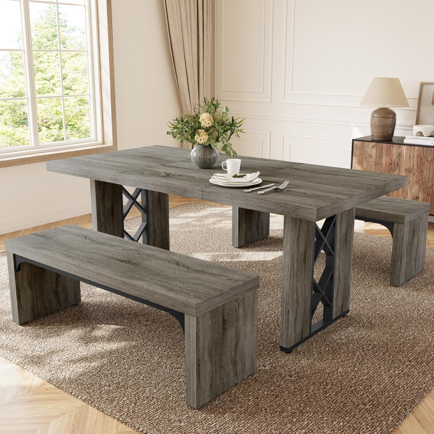 3-Piece Dining Table Set for 6 People, 70.8'' Rectangle Kitchen Table with 2 Benches for Breakfast Nook, Dining Room Furniture(Grey Table+2 Benches)