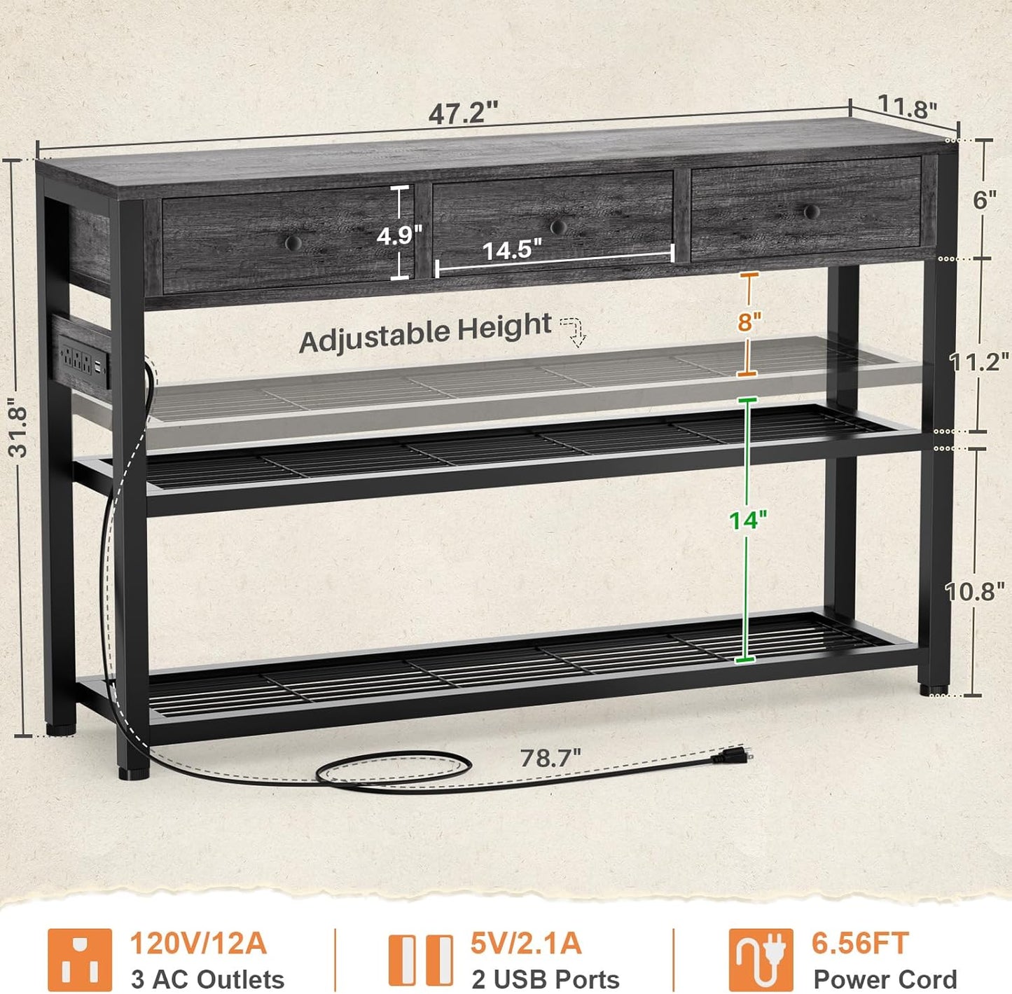 47'' Entryway Table with Outlets and USB Ports, Console Table with 3 Drawers, Sofa Table Narrow Long with Storage Shelves for Living Room, Couch, Hallway, Foyer, Kitchen Counter, Grey